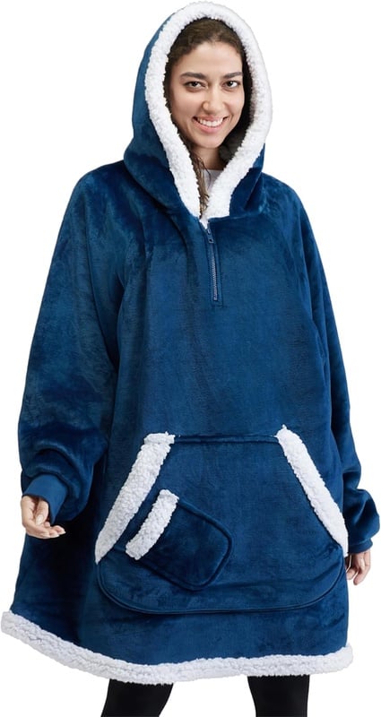 Amazon.com: Giggling Getup Wearable Blanket Hoodie for Women Men - Oversized Flannel Sherpa Fleece Hooded Blanket - Soft Cozy Warm Blanket Sweatshirt Gifts with Giant Pocket and Sleeves for Adult Navy : Home & Kitchen