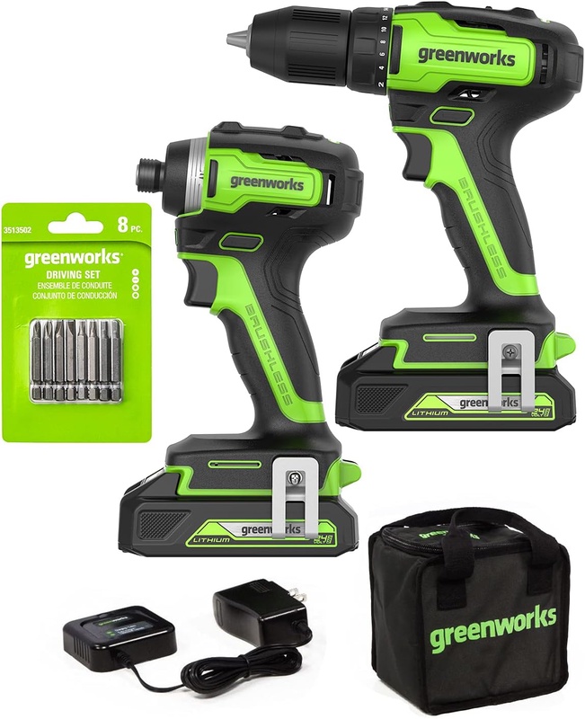 Amazon.com: Greenworks 24V Brushless Drill Combo Kit - 35N Coredless Drill + 220N Impact Driver Set, 2x2.0Ah batteries & 2A adaptor (1h) charger & bag, 8 pcs bit set : Tools & Home Improvement