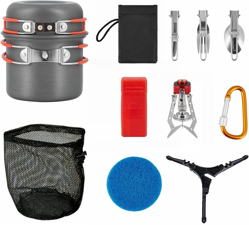 Amazon.com : Bulin 11PCS Camping Cookware Mess Kit with Lightweight Pot, Stove, Cutlery Set, Gas Tank Holder, Carabiner and Carry Mesh Bag, Great for Backpacking Outdoor Camping Hiking and Picnic : Sports & Outdoors