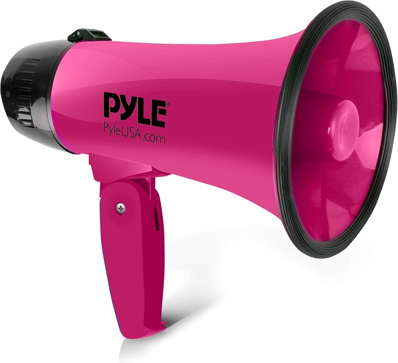 Amazon.com: Portable Megaphone Speaker Siren Bullhorn - Compact and Battery Operated with 20 Watt Power, Microphone, 2 Modes, PA Sound and Foldable Handle for Cheerleading and Police Use - Pyle PMP24PK (Pink) : Sports & Outdoors