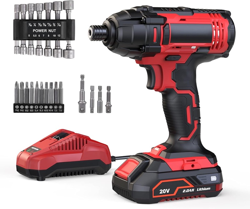 Impact Driver, 180Nm 20V Cordless Impact Drill with 2.0Ah Rechargeable Battery, 2.4A 60-Min Fast Charger, 28pcs Accessories, 1/4