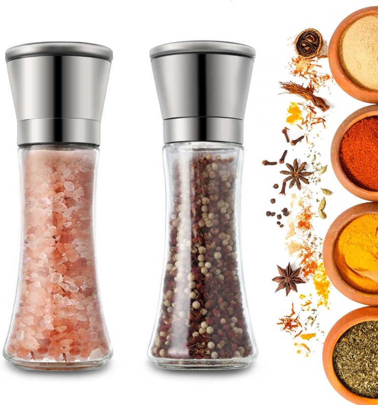 Amazon.com: Bestdin Salt and Pepper Grinder Set of 2, 200ml Stainless Steel Salt Grinder, Pepper Mill with Adjustable Coarseness, Black Pepper Grinder Refillable with Glass Body, Peppercorn Grinder for Cooking.: Home & Kitchen