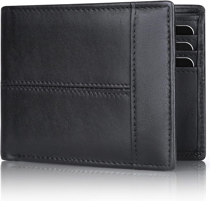 Mens Wallet RFID Genuine Leather Bifold Wallets For Men, ID Window 8 Card Holders Gift Box (Black (8 card slots)) at Amazon Men’s Clothing store