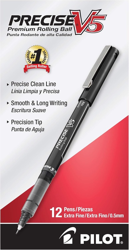 Amazon.com : PILOT Precise V5 Stick Liquid Ink Rolling Ball Stick Pens, Extra Fine Point (0.5mm) Black Ink, 12-Pack (35334) : Liquid Ink Rollerball Pens : Office Products