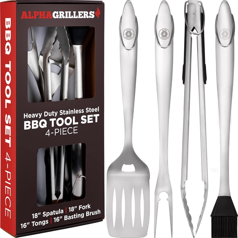 Amazon.com : Alpha Grillers Grill Set Heavy Duty BBQ Accessories - BBQ Tool Set 4pc Grill Accessories with Spatula, Fork, Brush & BBQ Tongs - Gifts for Dad Durable, Stainless Steel Grill Tools : Patio, Lawn & Garden