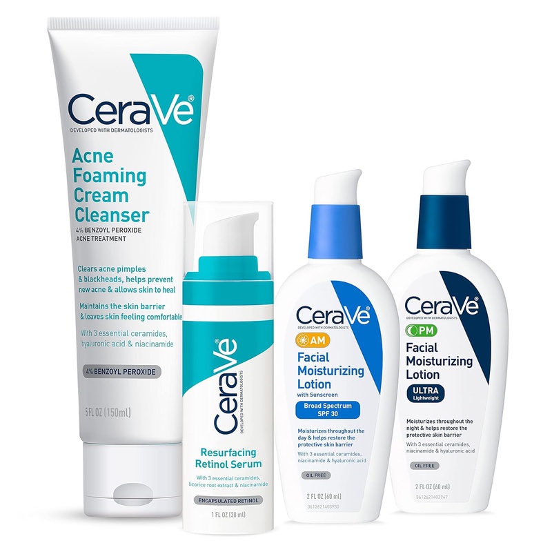 Amazon.com : CeraVe Acne Skin Care Set, 5oz Acne Foaming Cream Cleanser + 1oz Resurfacing Retinol Serum + 2oz AM Facial Moisturizing Lotion with SPF 30 + 2oz PM Facial Moisturizing Lotion : Beauty & Personal Care