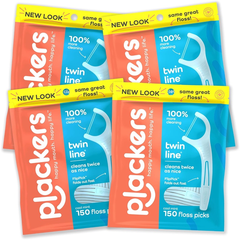 Amazon.com : Plackers Twin-Line Dental Flossers, Advanced Whitening and Dual Action Flossing System, Easy Storage, Super Tuffloss, 2X The Clean, Cool Mint Flavor, 600 Count (Pack of 4) : Health & Household