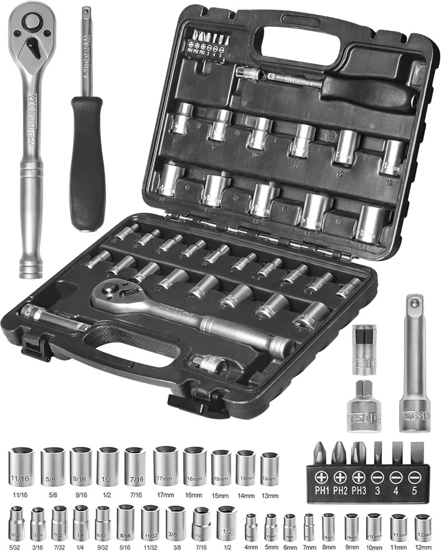 Amazon.com: Socket Set,WESCO 40 Pcs 1/4 Socket Set and 3/8 Drive Socket Set,Socket Wrench Set with Quick-Release Ratchet,Metric and SAE Spinner Handle,Adaptor,Screwdriver Set,Extension, Auto Repairing & Household : Tools & Home Improvement
