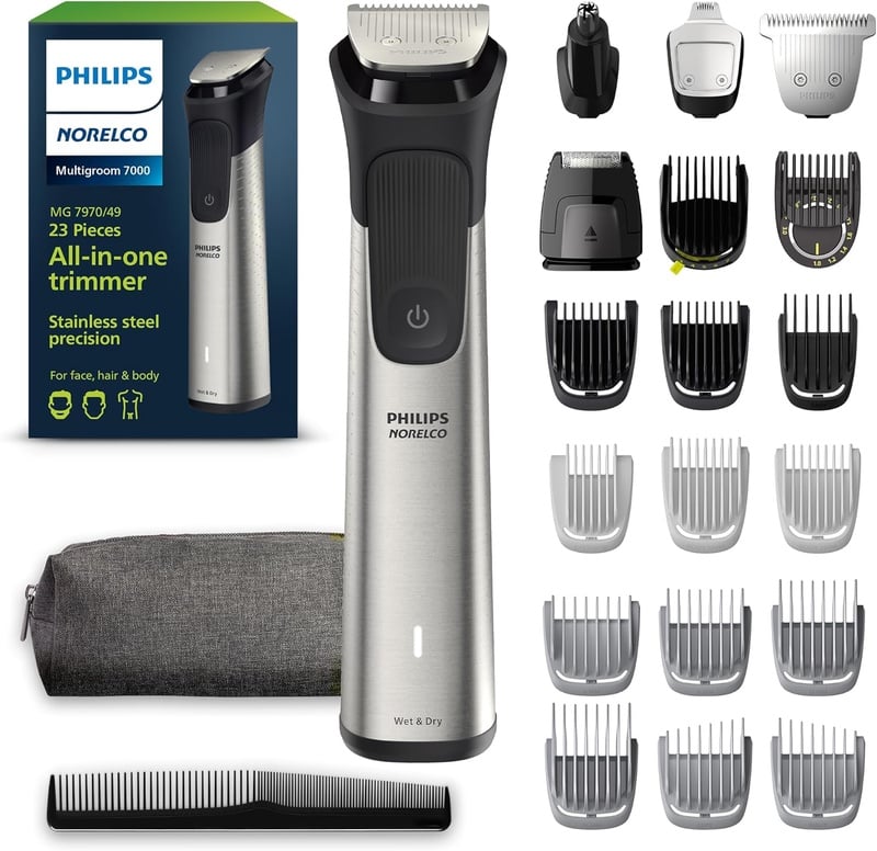 Amazon.com: Norelco Philips Multigroom 7000 Series, All-in-One Trimmer, Beard Trimmer and Hair Clipper, 23-Piece Men's Grooming Kit for Beard, Face, Nose, Ear, Body, with Titanium Blades, Travel Pouch, MG7970/49 : Beauty & Personal Care