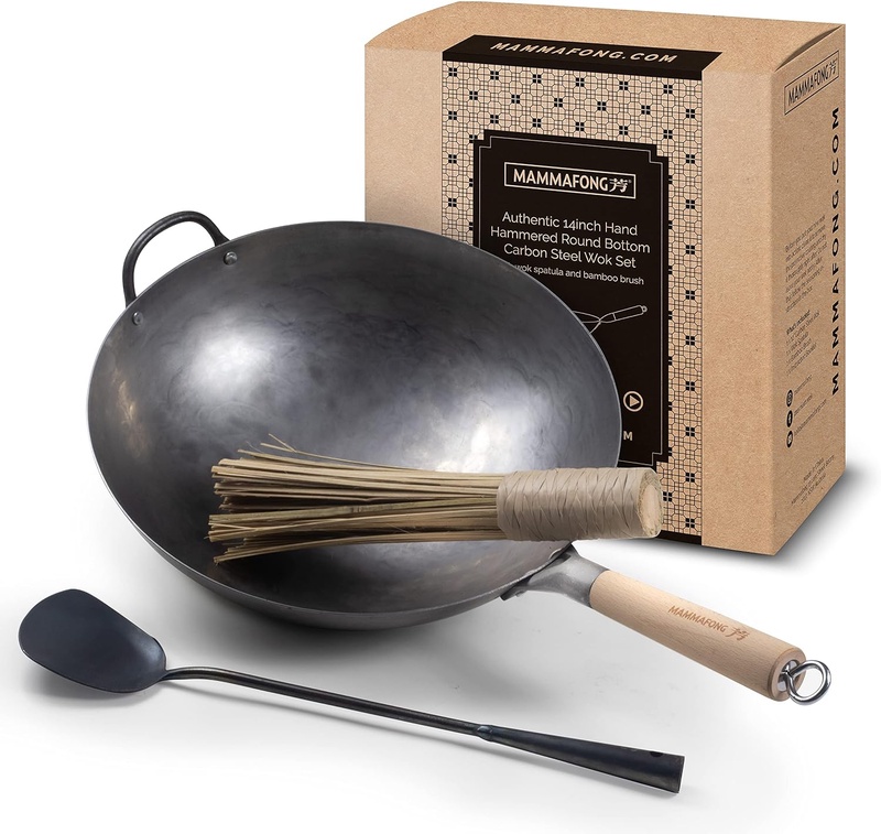 Amazon.com: Mammafong Traditional Hand Hammered Round Bottom Carbon Steel Pow Wok Set with Wok Spatula and Bamboo Brush (14 inch wok set with wok accessories): Home & Kitchen
