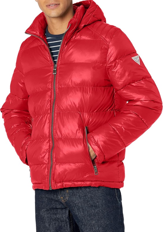 GUESS Men's Mid-Weight Puffer Jacket with Removable Hood, Red, Large at Amazon Men’s Clothing store