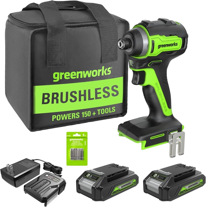 Greenworks 24V Brushless Cordless Impact Driver Kit, 1950 in./lbs Torque, 1/4'' Hex Collet, Variable Speed, 2×2Ah Batteries with 2A Charger, LED Light, 8pcs Drill/Driver Bits with Tool Bag - Amazon.com