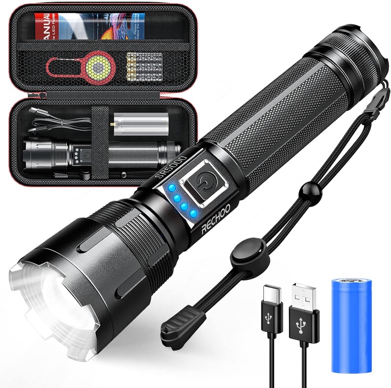 RECHOO Rechargeable Flashlights High Lumens, XHP70.2 Tactical Flashlights Kit 5000 Lumens Led Flashlight with 5 Mode & Zoomable, IP65 Waterproof Flash Light for Camping, Hiking, Emergency - - Amazon.com