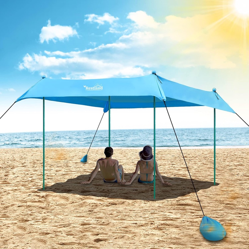 Amazon.com: Beach Tent, Restland Pop Up Sun Shelter UPF50+ with 4 Aluminum Poles/Carry Bag/Ground Pegs/Sand Shovel, Outdoor Canopy Beach Shade for Camping, Fishing, Backyard or Picnics (10x10FT 4 Poles) : Sports & Outdoors