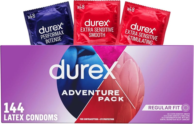 Amazon.com: Durex Condoms Variety Adventure Pack, Mix of Durex Extra Sensitive Smooth & Stimulating & Performax Intense Ribbed & Dotted Latex Condoms, 144 Count