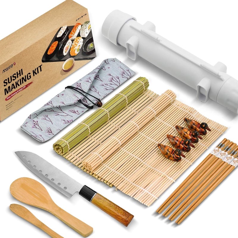 Amazon.com | ISSEVE Sushi Making Kit, Bamboo Sushi Mat, All In One Sushi Bazooka Maker with Bamboo Mats, Bamboo Chopsticks, Paddle, Spreader, Sushi Knife, Chopsticks Holder, Cotton Bag, DIY Sushi Roller Machine: Sushi Plates