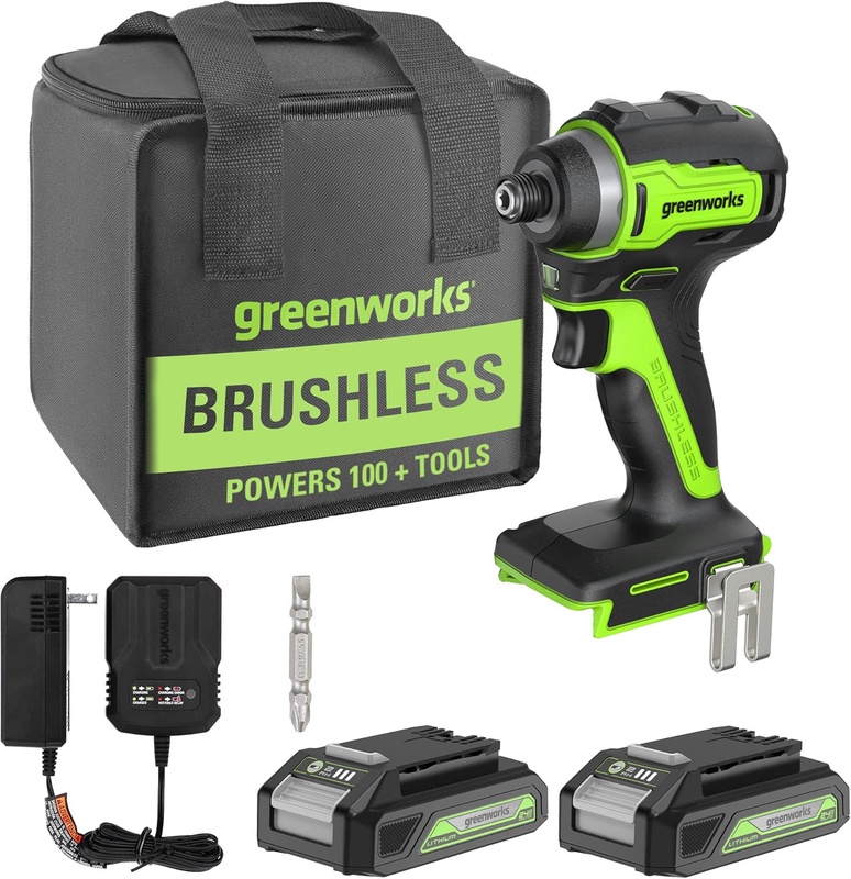 Greenworks 24V Cordless Impact Driver Kit, 1/4-inch Hex, 1950 in./lbs Torque, Variable Speed Brushless Impact Drill/Driver Set, 2 Batteries & Adapter charger, Bits and Tool Bag Included - - Amazon.com