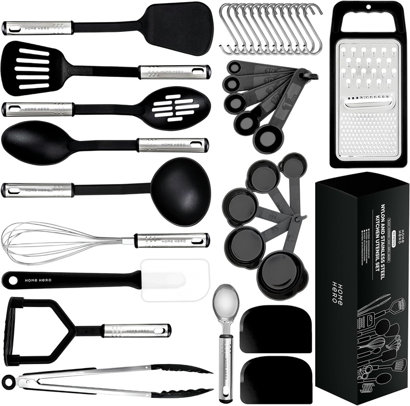 Amazon.com: Home Hero Silicone Spatula Set with Ergonomic Handles - Stainless Steel High Heat Resistant Solid & Slotted Turner, BPA Free Non Stick Kitchen Utensils Set (35 Pcs - Black): Home & Kitchen