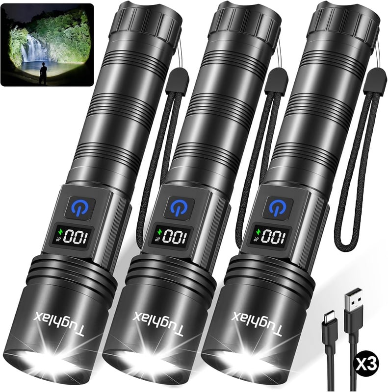 Amazon.com: Tughlax Rechargeable Flashlights Super Bright LED Flash Light 3 Pack | LCD Digital Display, Zoomable 5 Modes, Water Resistant Aluminum Body for Home, Camping, Emergency & Outdoor Use : Sports & Outdoors