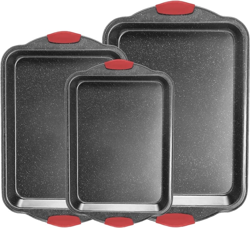 Amazon.com: Anveena 3-Piece Nonstick Kitchen Oven Baking Pans - Premium & Stylish Non-Stick Steel, Commercial Grade Restaurant Quality Metal Bakeware with Red Silicone Handles - Easy to Clean black: Home & Kitchen