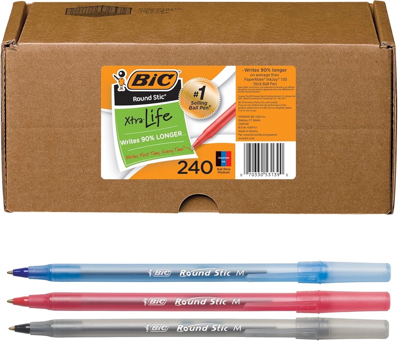 Amazon.com : BIC Round Stic Xtra Life Ballpoint Pen, Medium Point (1.0mm), Black/Red/Blue - Box of 240 Assorted Ball Pens (GSM240-AST) : Office Products