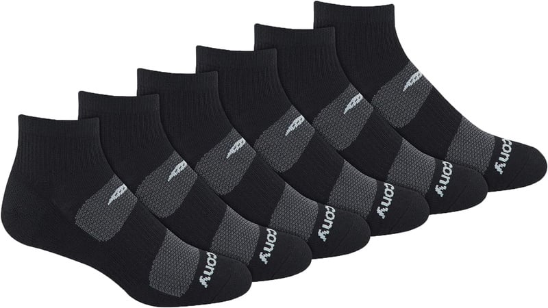 Saucony Men's Multi-Pack Mesh Ventilating Comfort Fit Performance Quarter Socks (6 & 12, Black (6 Pairs), Shoe Size: 8-12 at Amazon Men’s Clothing store