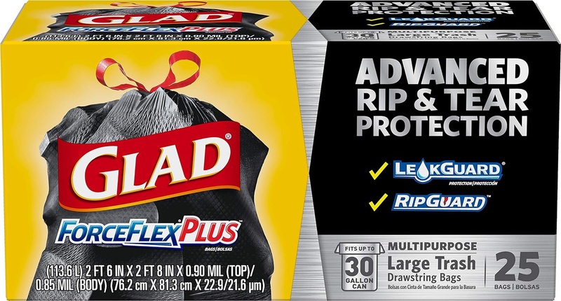 Amazon.com: Glad Large Drawstring Trash Bags ForceFlexPlus 30 Gallon Black Trash Bag - 25 Count (Package May Vary) : Health & Household