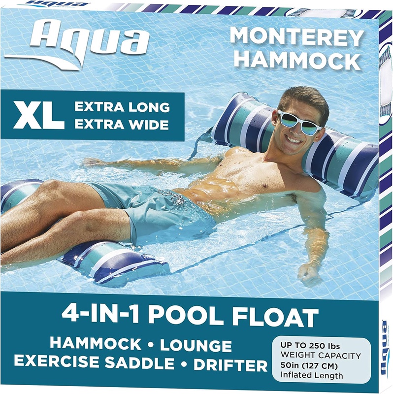 Amazon.com: AQUA 4-in-1 Monterey Hammock XL (Longer/Wider) Inflatable Pool Chair, Adult Pool Float (Saddle, Lounge Chair, Hammock, Drifter), Water Hammock, Teal/Navy Stripe : Toys & Games