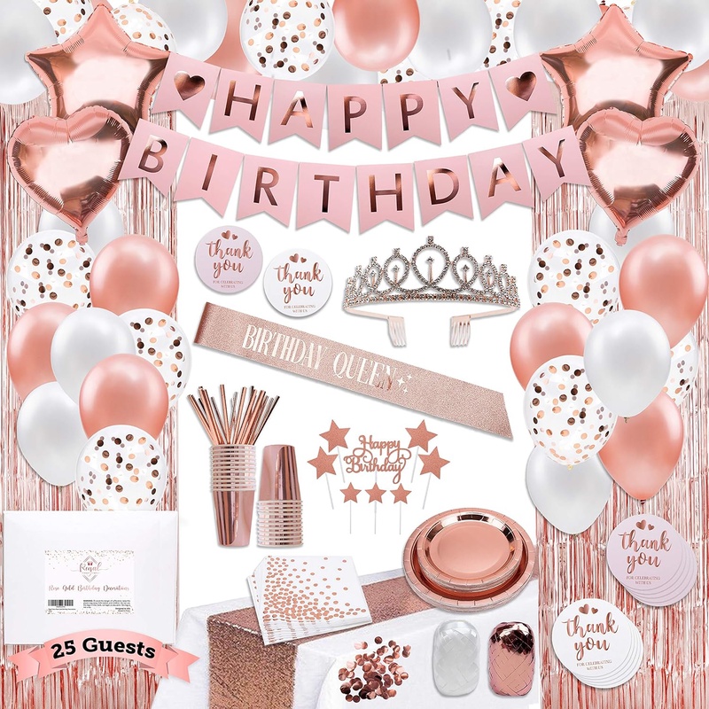Amazon.com: 225 PC Rose Gold Birthday Party Decorations Kit for Girls, Teens, Women - Happy Birthday Banners, Curtains Table Runner Balloons, Sash Tiara Cake Topper Plates Cups Napkins Straws for 25 Guest & More : Home & Kitchen