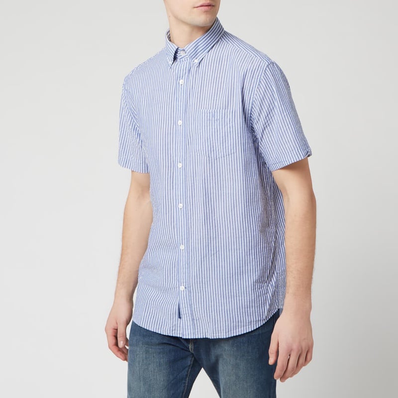 GANT Men's TP Sunsucker Stripe Red BD Short Sleeve Shirt - College Blue Mens Clothing | TheHut.com